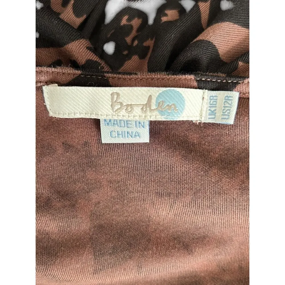 Boden Dress Size 12R Brown‎ Black Floral Print Ruched Waist Jersey Scoop Neck